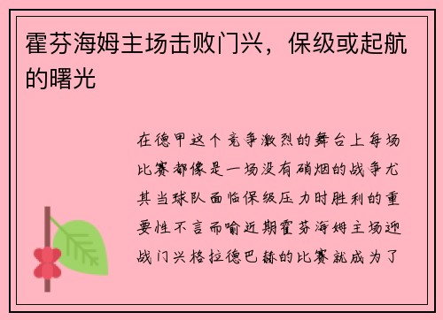 霍芬海姆主场击败门兴，保级或起航的曙光