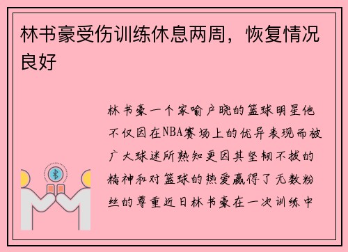 林书豪受伤训练休息两周，恢复情况良好